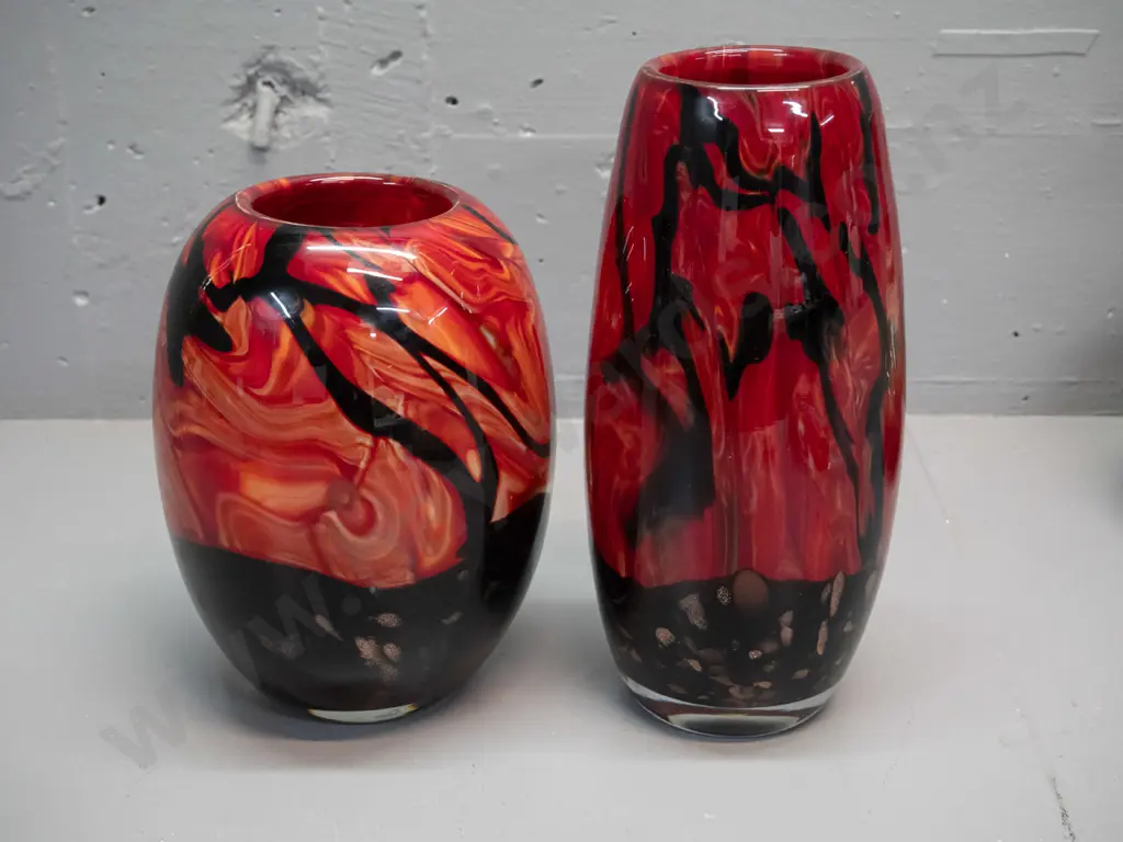 2 heavy art glass vases - swirled flame colour with gold specks. Taller is H-260 D-120 Image 1++
