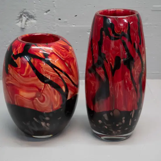 2 heavy art glass vases - swirled flame colour with gold specks. Taller is H-260 D-120