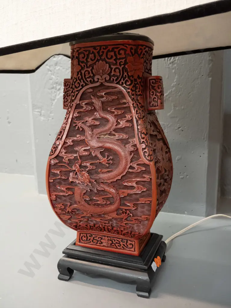 pair of composite Chinese cinnabar style dragon pattern table lamps on painted wood bases with rectangle shaped linen Image 1++