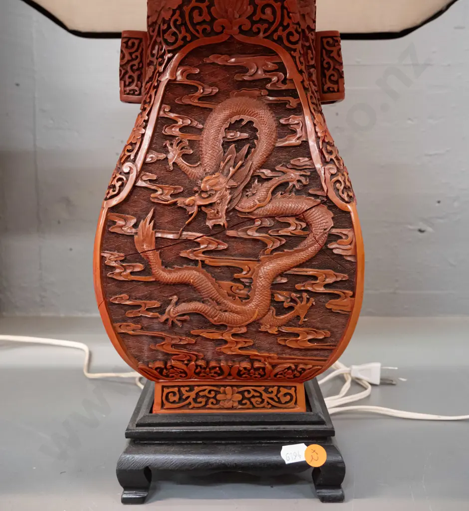 pair of composite Chinese cinnabar style dragon pattern table lamps on painted wood bases with rectangle shaped linen Image 1++