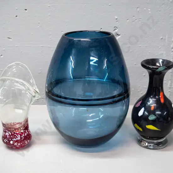 3 art glass vases - large blue is H-235 D-160
