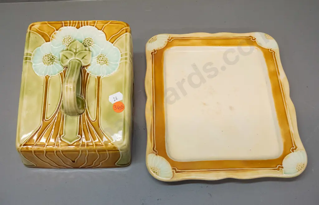 MInton style art nouveau cheese cover dish with raised designs - no maker's marks, some staining H-110 L-240 W-200 Image 1++