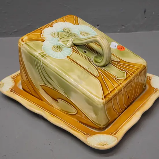 MInton style art nouveau cheese cover dish with raised designs - no maker's marks, some staining H-110 L-240 W-200