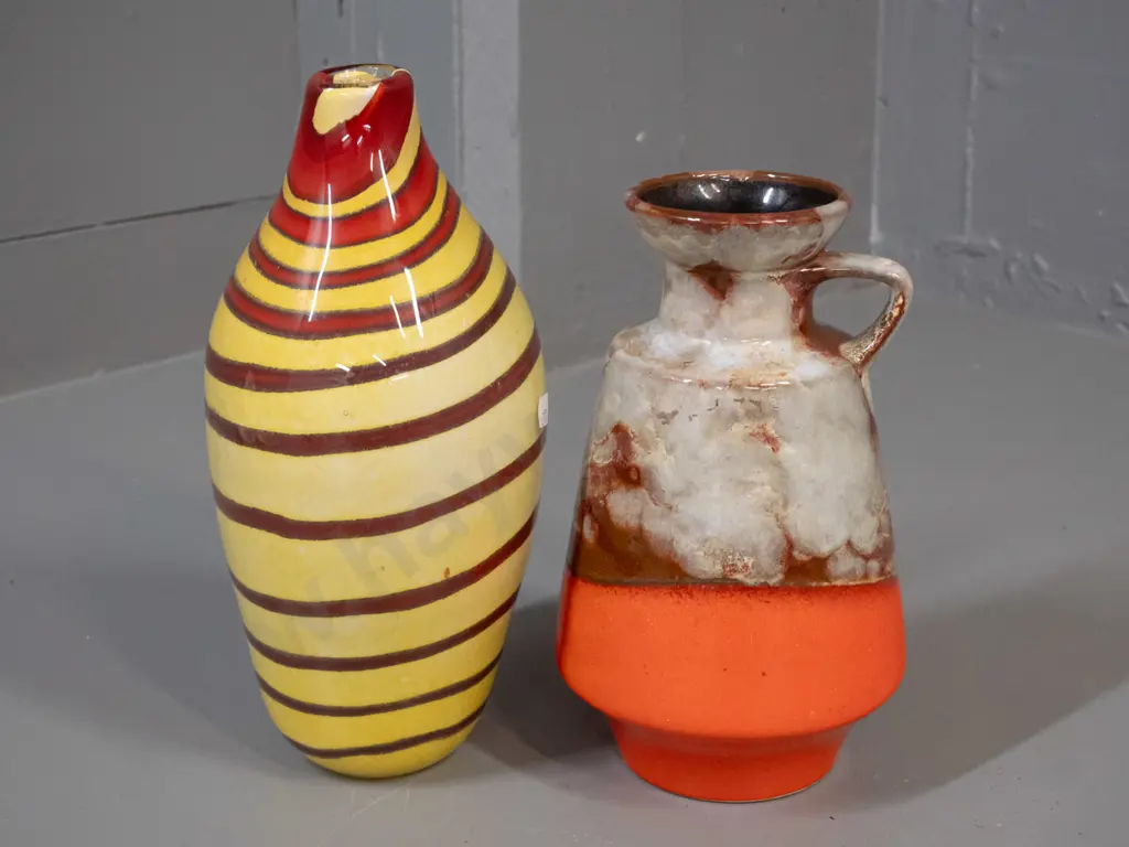 German pottery vase and a heavy art glass vase with red and yellow spiral pattern - glass vase has slightly uneven base, Image 1++