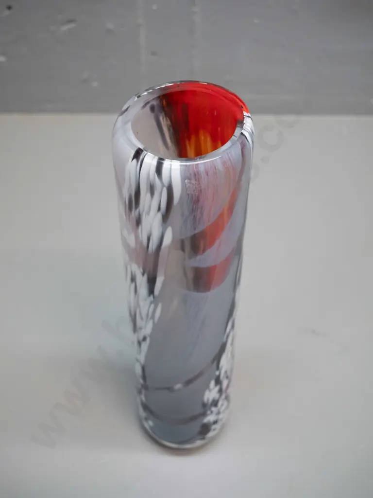 cylindrical heavy art glass vase - streaked and mottled red, white & black H-300 D-80 Image 1++