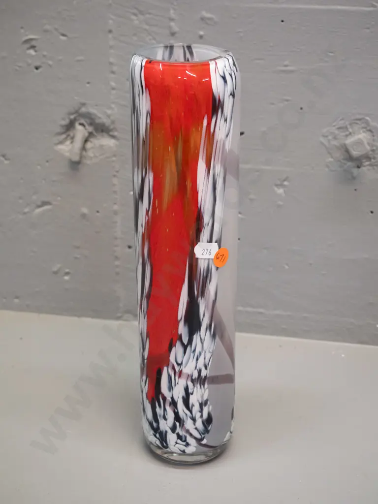cylindrical heavy art glass vase - streaked and mottled red, white & black H-300 D-80 Image 1++