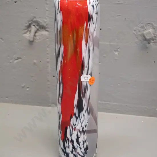 cylindrical heavy art glass vase - streaked and mottled red, white & black H-300 D-80