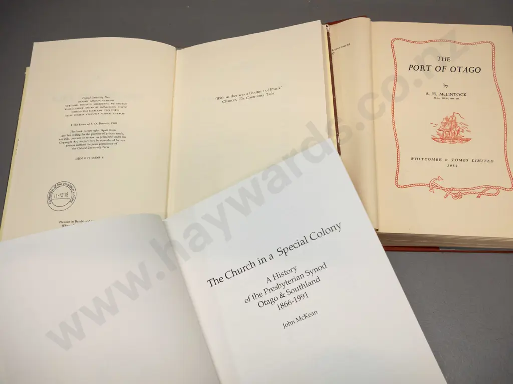 3 New Zealand history books - The Port of Otago (some staining and wear) A Canterbury Tale (wear to DJ) and The Church Image 1++