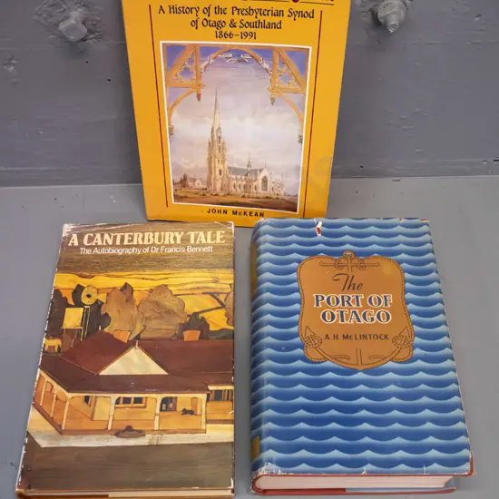 3 New Zealand history books - The Port of Otago (some staining and wear) A Canterbury Tale (wear to DJ) and The Church
