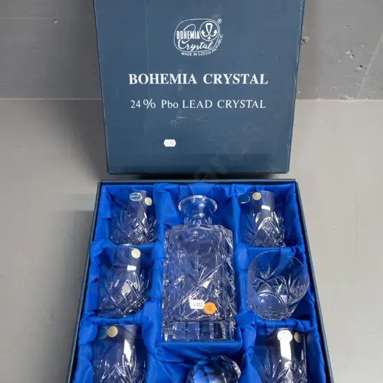 Bohemia cut crystal 7-piece whisky decanter and tumbler set in original fitted box - decanter H-280