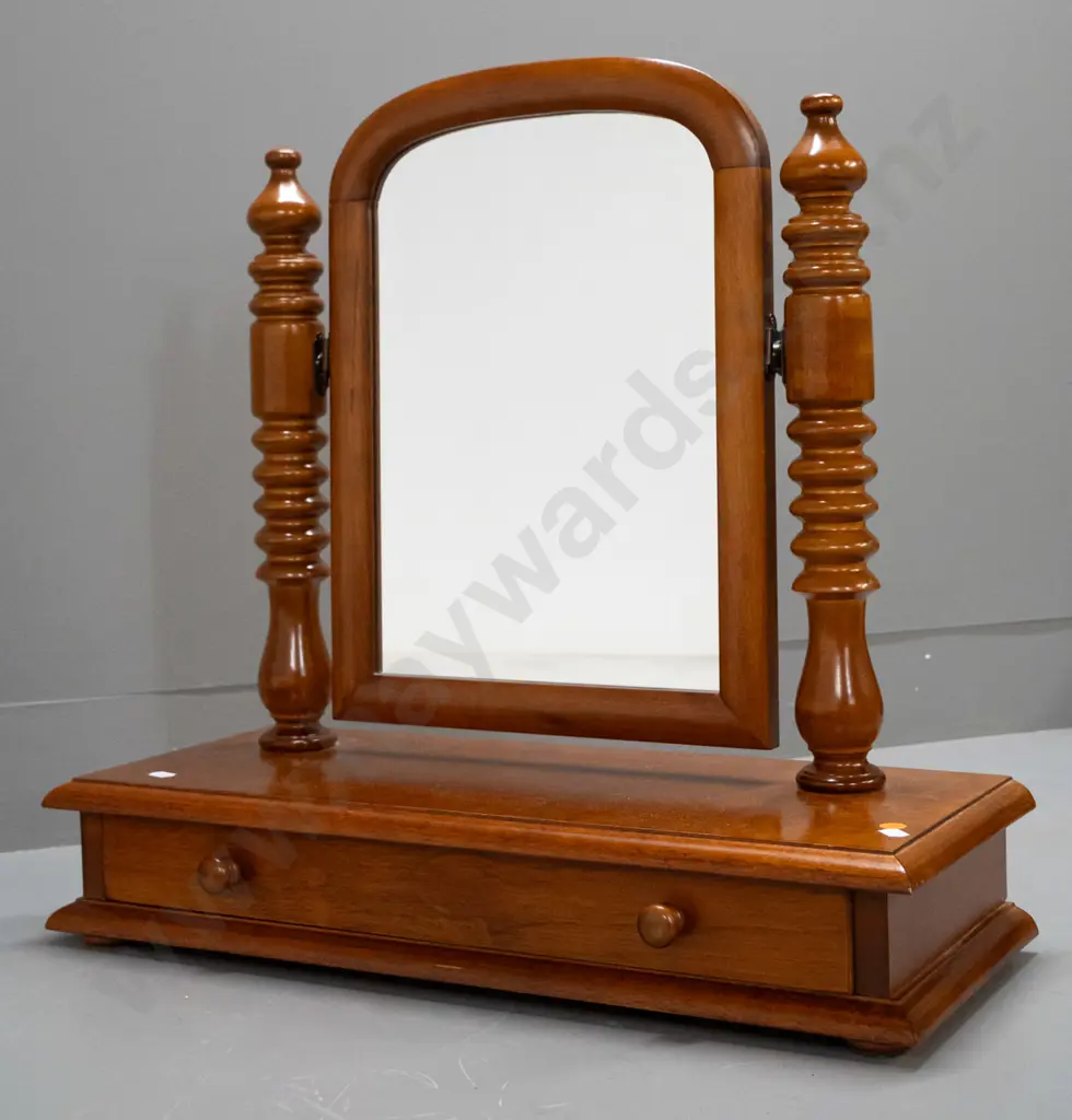 reproduction Victorian style cheval dressing table mirror with turned spindle supports & single drawer H-530 W-555 D-225 Image 1++