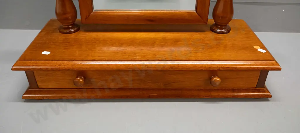 reproduction Victorian style cheval dressing table mirror with turned spindle supports & single drawer H-530 W-555 D-225 Image 1++