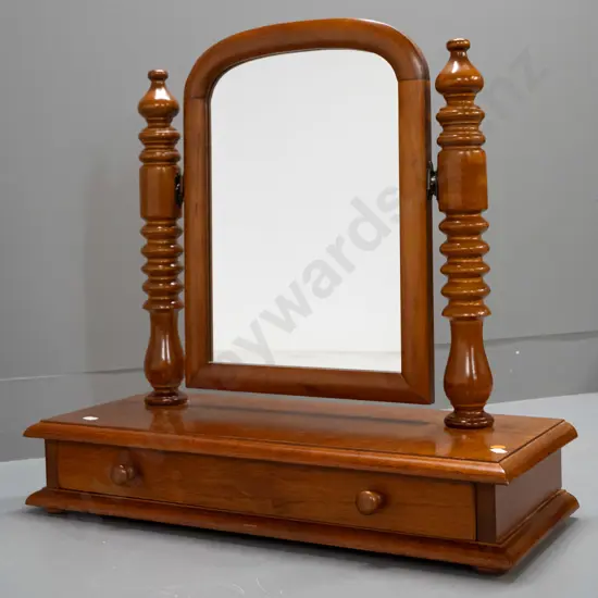 reproduction Victorian style cheval dressing table mirror with turned spindle supports & single drawer H-530 W-555 D-225