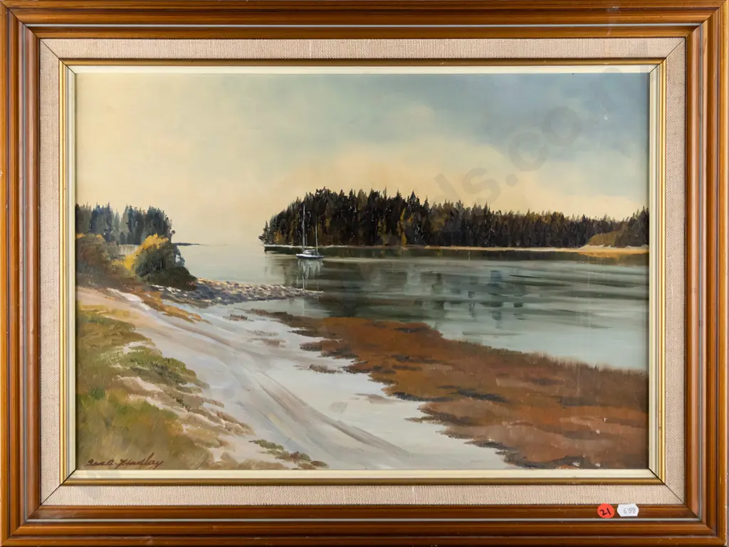 Anna Findlay 1979 - framed oil "Yacht  At Anchor, Mapua, Nelson" H-340 W-490 Image 1++