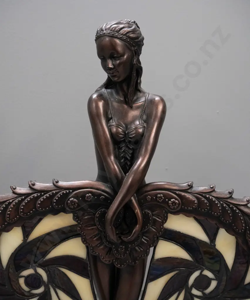 reproduction Tiffany art nouveau style leadlight table lamp with composite figural dancer base H-540 W-420 Image 1++