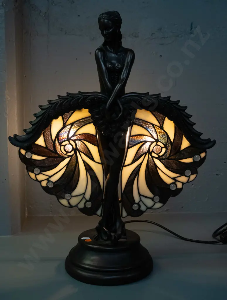 reproduction Tiffany art nouveau style leadlight table lamp with composite figural dancer base H-540 W-420 Image 1++