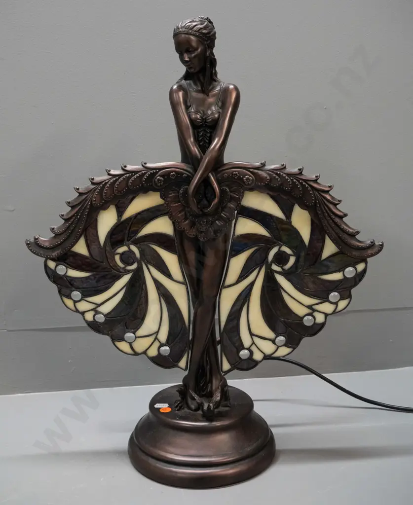 reproduction Tiffany art nouveau style leadlight table lamp with composite figural dancer base H-540 W-420 Image 1++