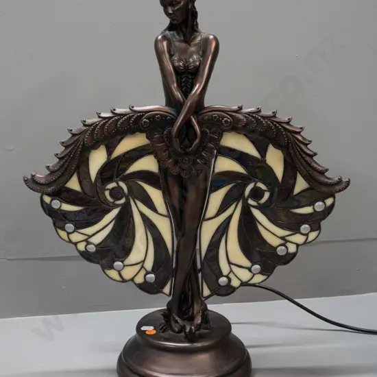 reproduction Tiffany art nouveau style leadlight table lamp with composite figural dancer base H-540 W-420