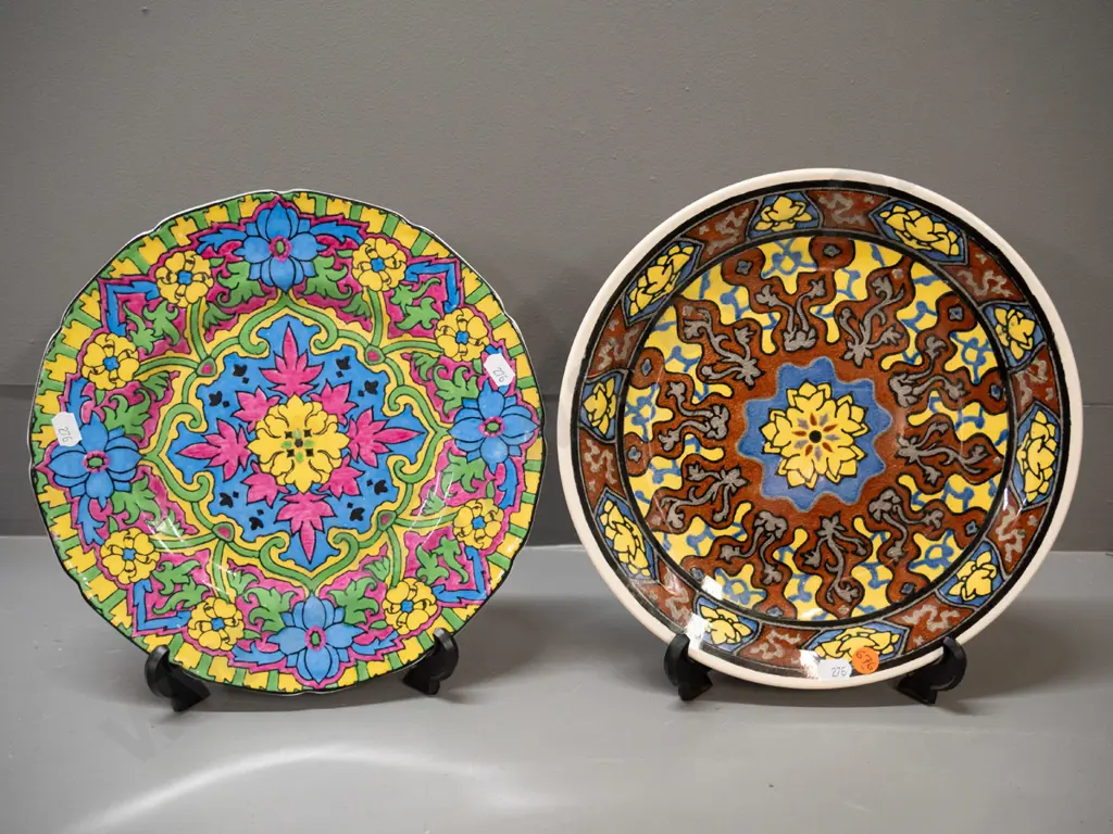 2 vintage Royal Doulton geometric & floral pattern cabinet plates, larger is D-270 Image 1++