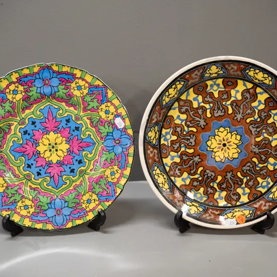 2 vintage Royal Doulton geometric & floral pattern cabinet plates, larger is D-270