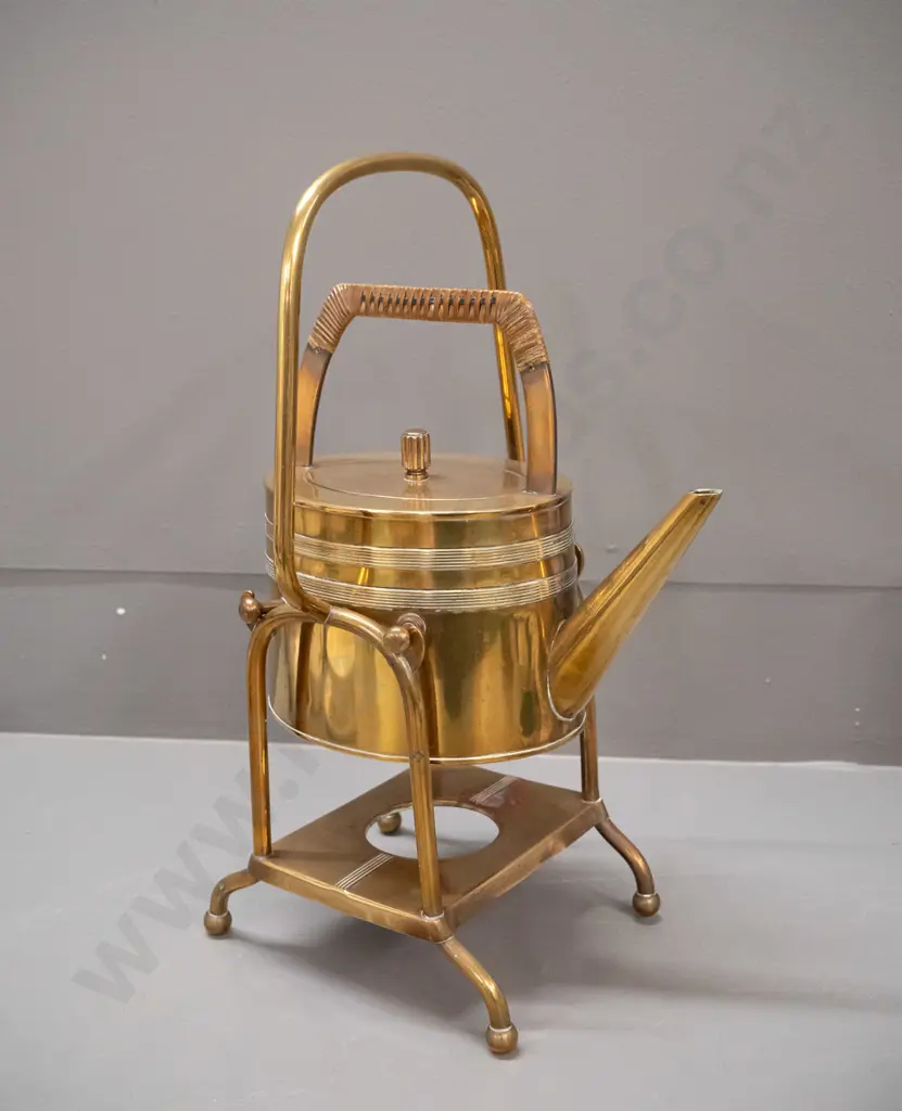 vintage brass spirit kettle - oval with fluted banding, cane wound brass handle, base marked GBN (Germany) - some Image 1++
