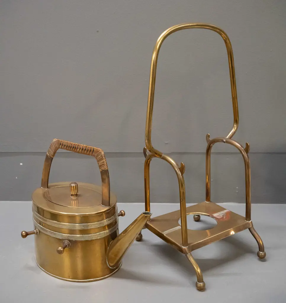 vintage brass spirit kettle - oval with fluted banding, cane wound brass handle, base marked GBN (Germany) - some Image 1++