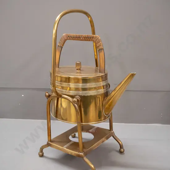 vintage brass spirit kettle - oval with fluted banding, cane wound brass handle, base marked GBN (Germany) - some