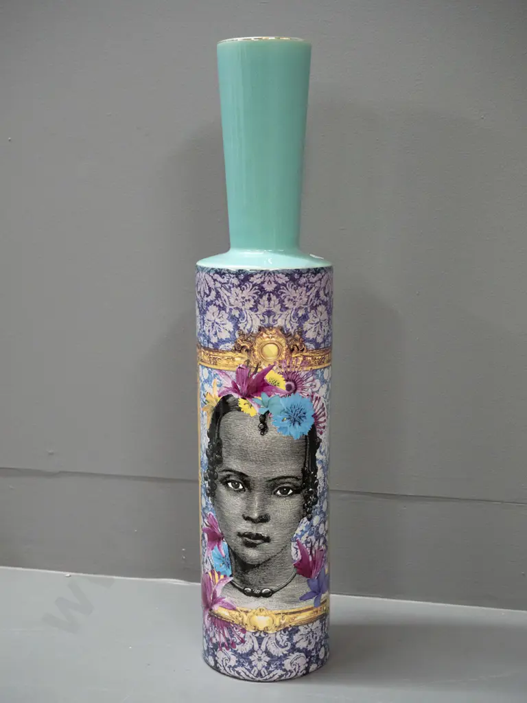tall ceramic vase with decoupage style decoration, no maker's marks. H-500 D-110 Image 1++