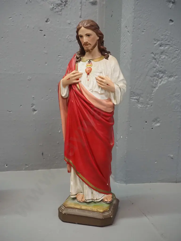 vintage hand painted matte glaze porcelain Christ figure - some chipping to paint H-410 W-150 Image 1++