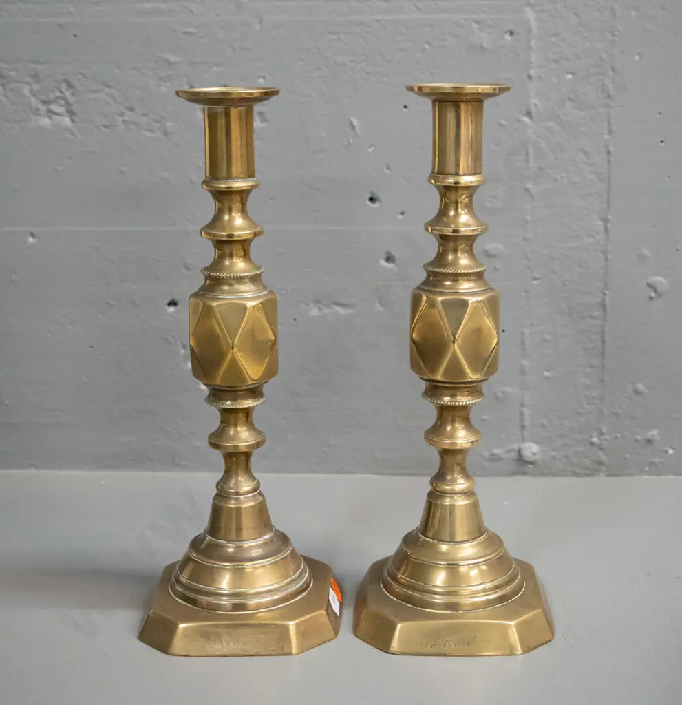 pair of Victorian brass candlesticks - marked The Diamond Princess, England. Split to base corner on one, other has Image 1++