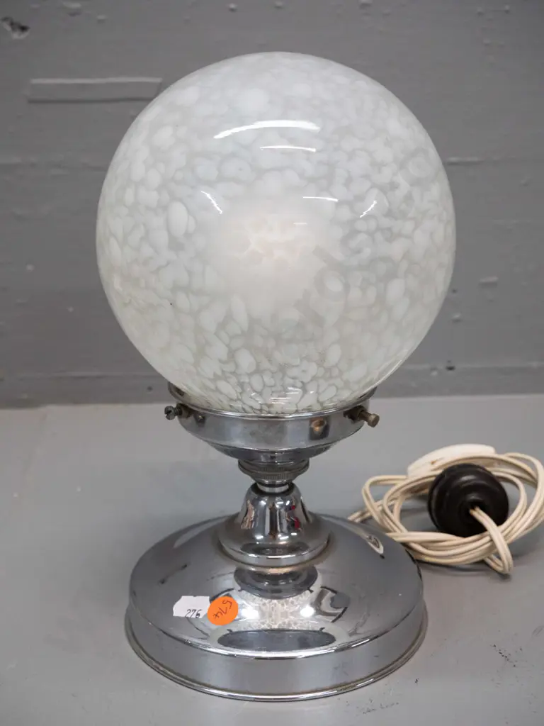 deco chrome based table lamp with mottled glass globe shade H-260 Globe D-150 Image 1++
