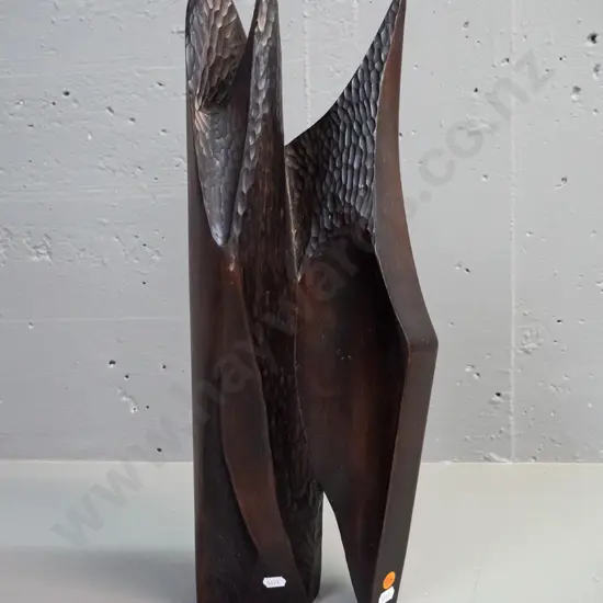 carved and dark stained hardwood sculpture / ornament with chip-carved detail H-490