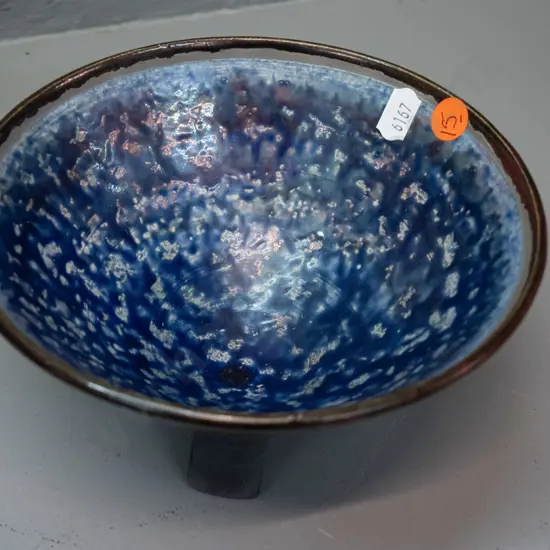Neil Hey New Zealand pottery footed bowl with copper lustre exterior, tab feet, mottled blue interior H-100 D-170