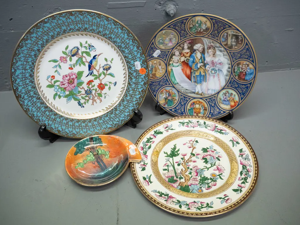 3 cabinet plates - Aynsley floral & bird motif D-270, Ambassador and one other and a Carlton ware small lustre dish Image 1++