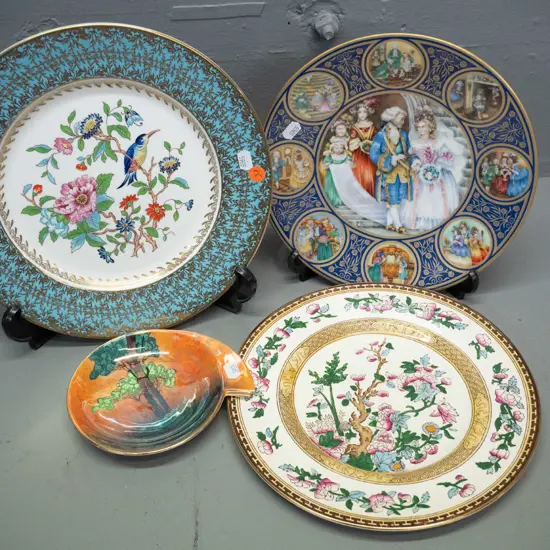 3 cabinet plates - Aynsley floral & bird motif D-270, Ambassador and one other and a Carlton ware small lustre dish