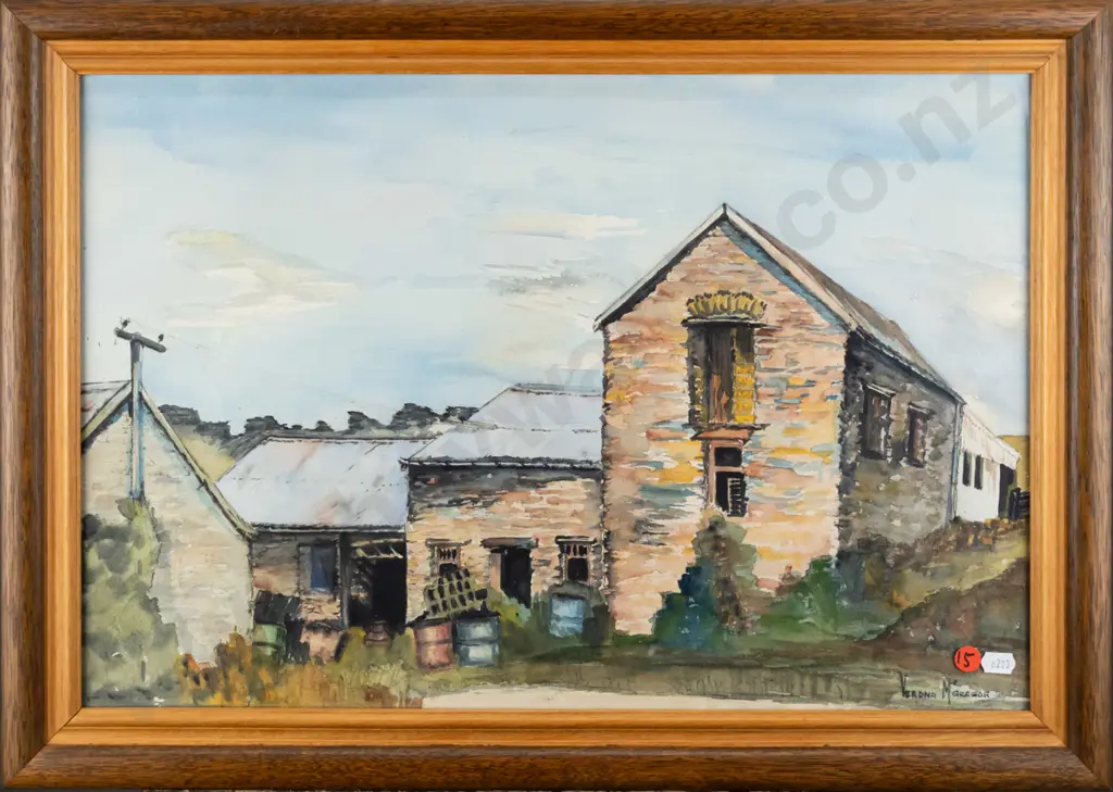 Verona McGregor - framed watercolour "Farm Buildings, Fruitlands, Central Otago" H-340 W-500 Image 1++