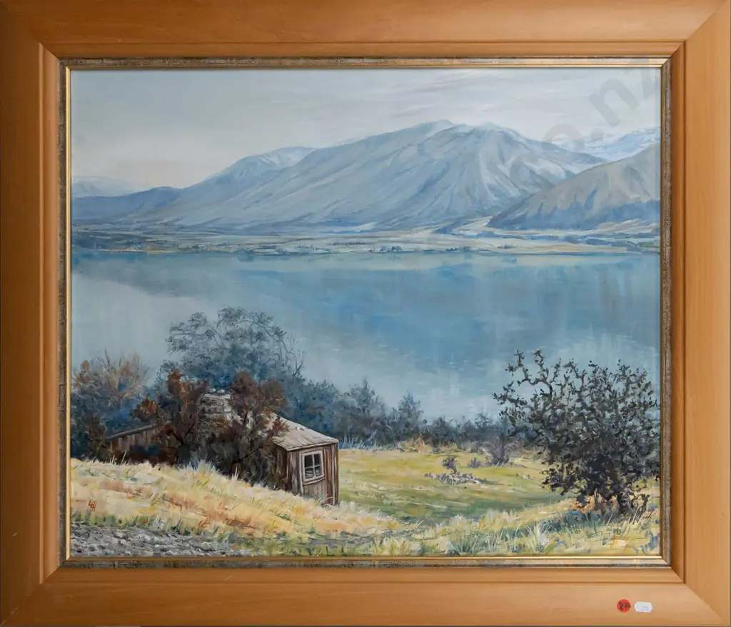 framed oil on canvas - lake and mountain scene H-490  W-590 Image 1++