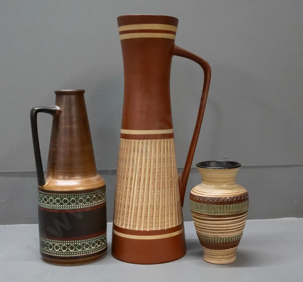 3 German pottery items with incised decoration - 2 jugs and a vase, tall jug is H-370 Image 1++