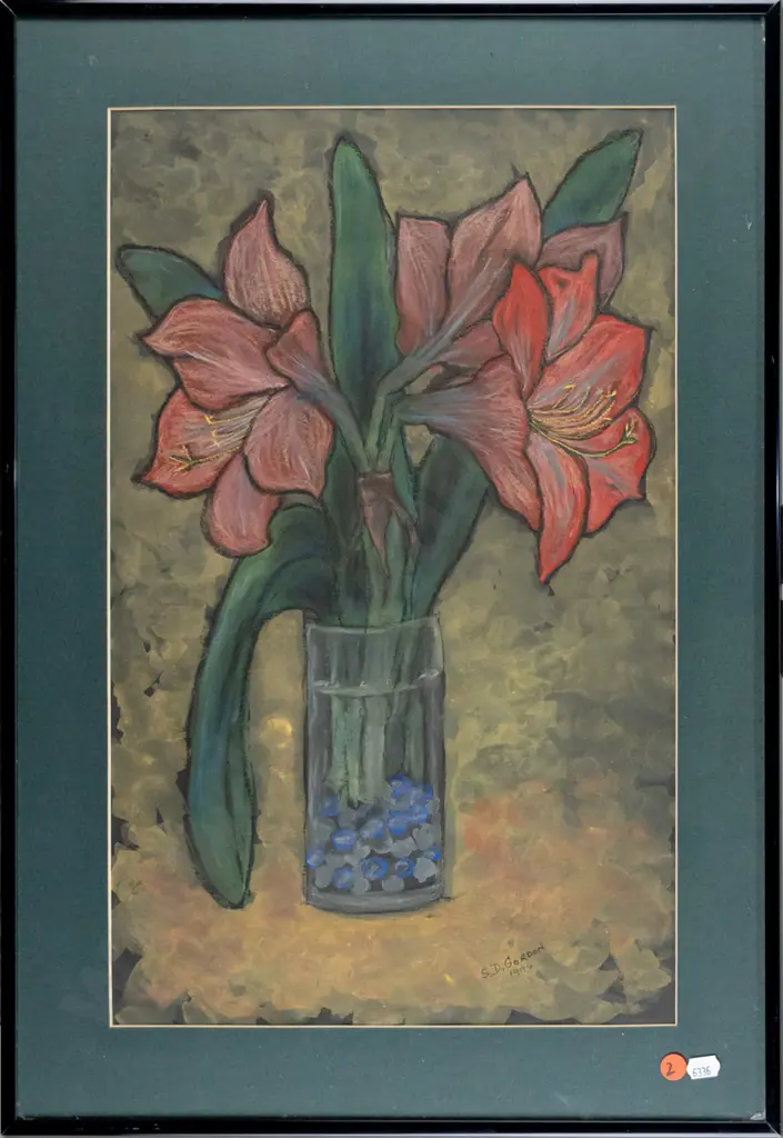 SD Gordan 1994 - framed mixed media - flowers in vase H-490 W-300 Image 1++