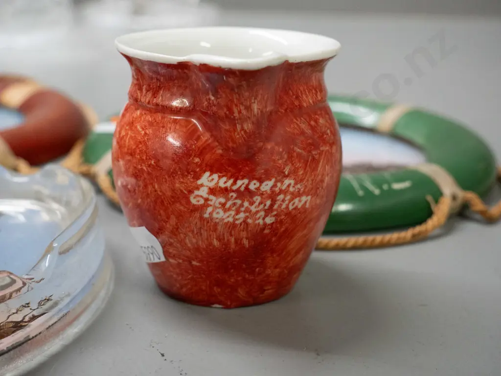 New Zealand souvenir ware - 2 Invercargill photos in life belt motif frames, Oamaru glass pictorial ash-tray, Dunedin Image 1++