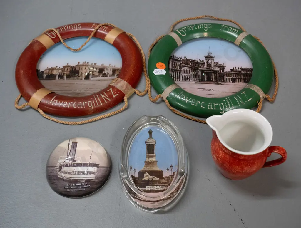 New Zealand souvenir ware - 2 Invercargill photos in life belt motif frames, Oamaru glass pictorial ash-tray, Dunedin Image 1++
