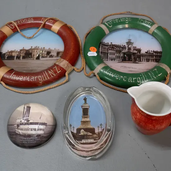 New Zealand souvenir ware - 2 Invercargill photos in life belt motif frames, Oamaru glass pictorial ash-tray, Dunedin
