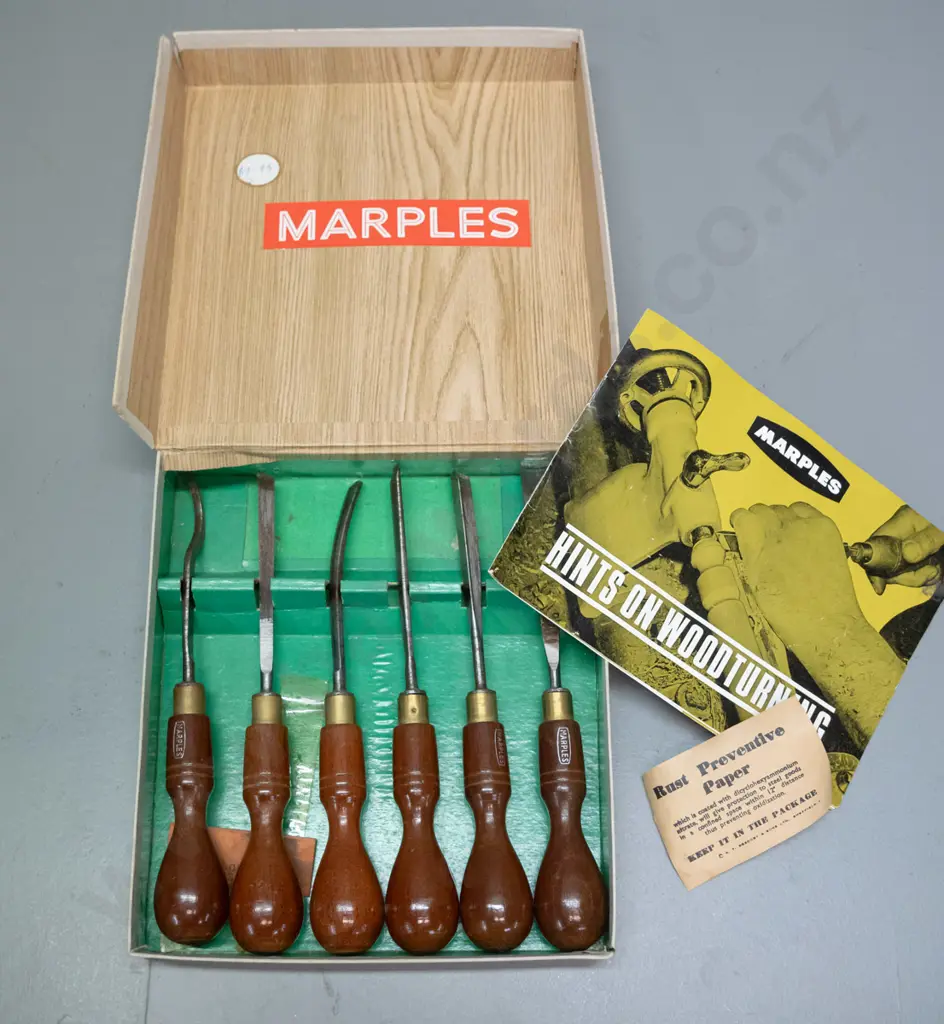 vintage boxed set of 6 Marples wood turning chisels with booklet - some corrosion or discolouration to blades. Box W180 Image 1++