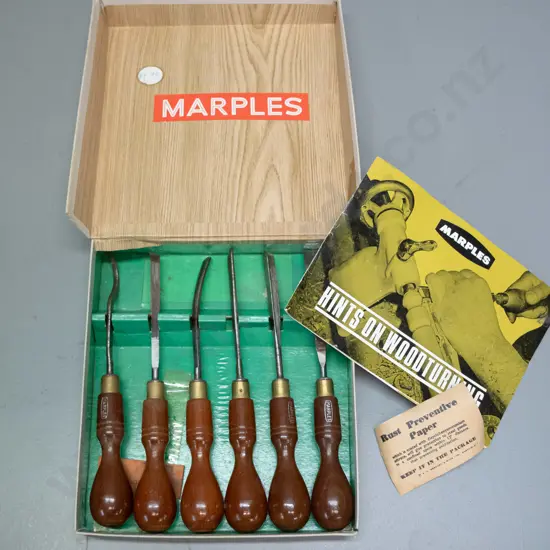vintage boxed set of 6 Marples wood turning chisels with booklet - some corrosion or discolouration to blades. Box W180