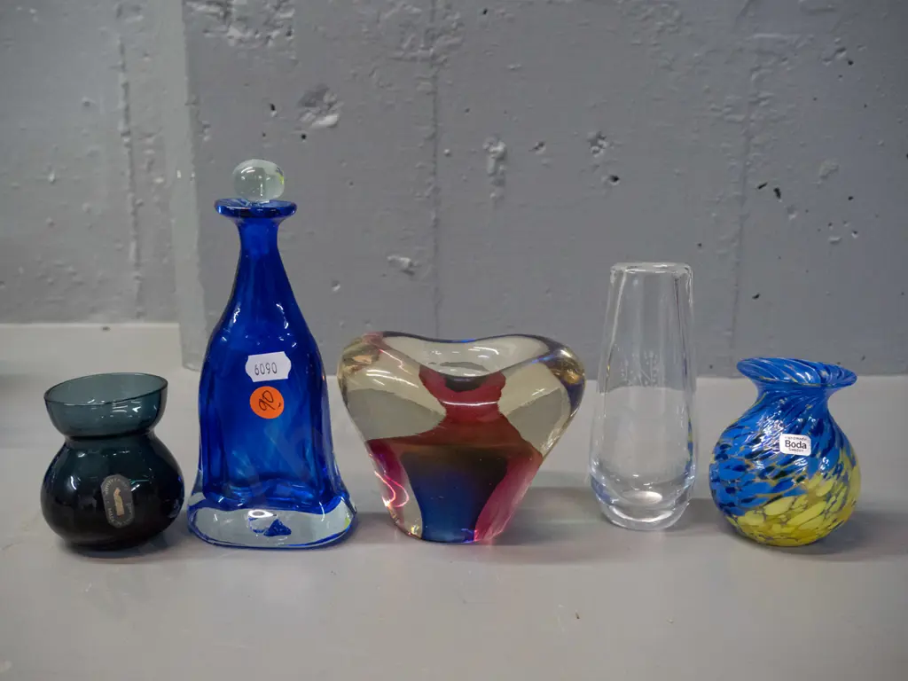 small art glass items - Whitefriars vase, stoppered bottle H-160, blue & yellow swirl w/label & marked Boda Ulrica, etc. Image 1++