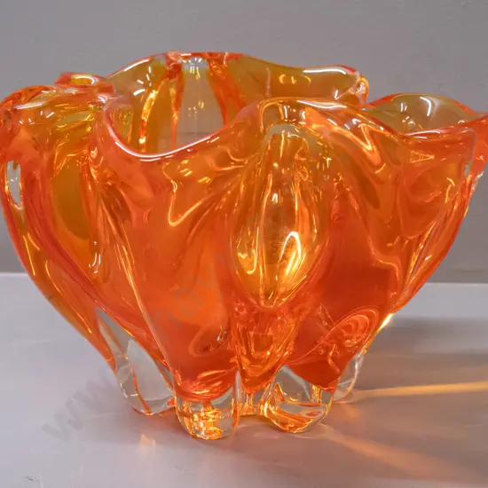 large heavy art glass bowl - clear based bright orange ribbed H-145 D-250