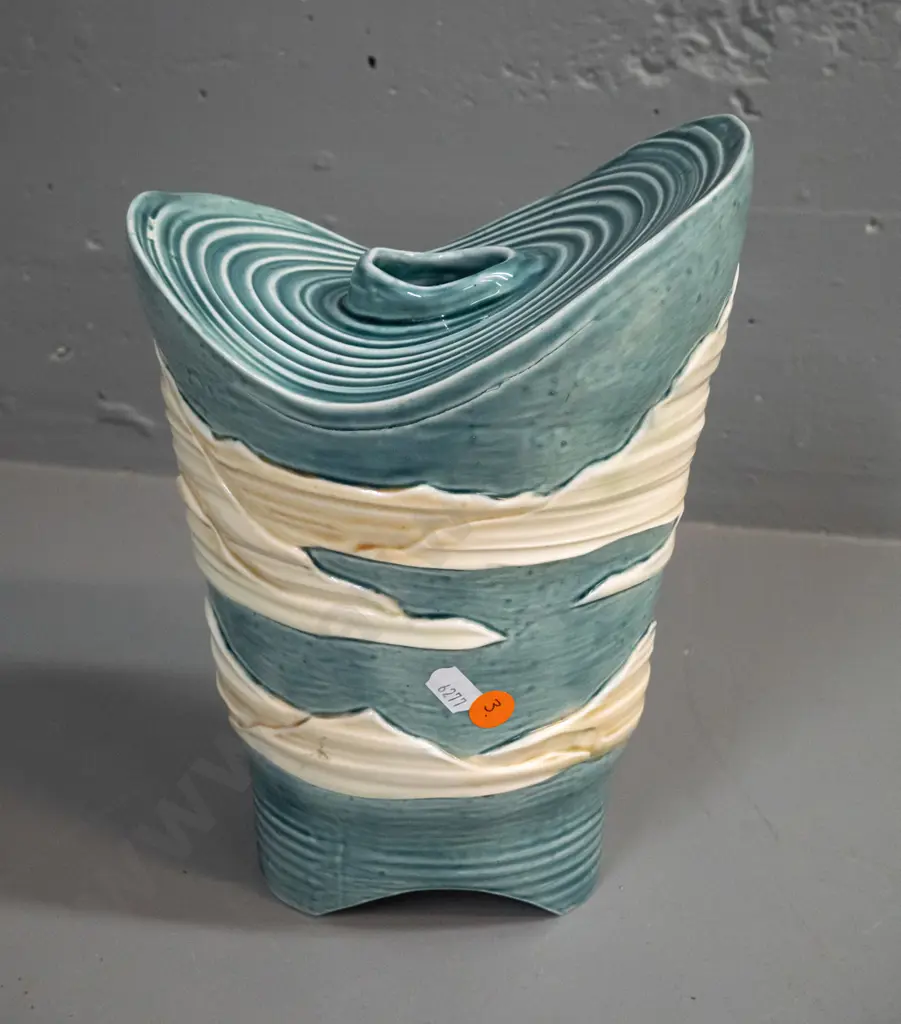 studio pottery vase with water or landscape motifs, oval base with cutouts H-260 W-180 Image 1++