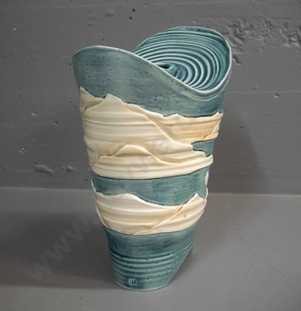 studio pottery vase with water or landscape motifs, oval base with cutouts H-260 W-180 Image 1++