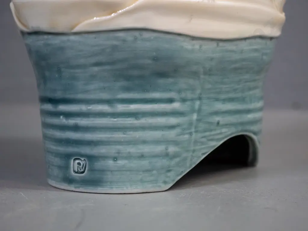 studio pottery vase with water or landscape motifs, oval base with cutouts H-260 W-180 Image 1++