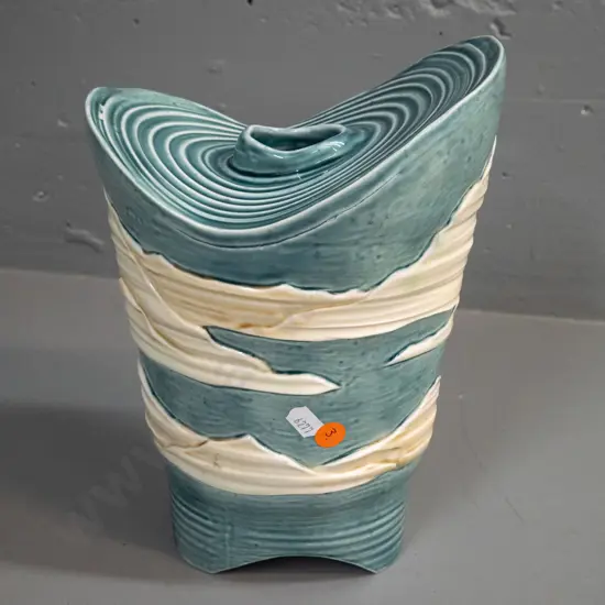studio pottery vase with water or landscape motifs, oval base with cutouts H-260 W-180